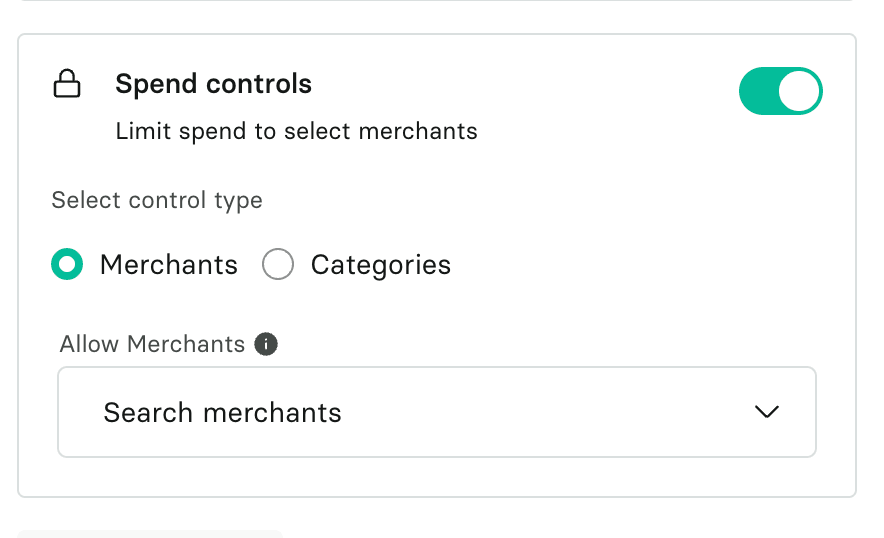 Spend controls switched on with the control type set to Merchants and an Allow Merchants search field