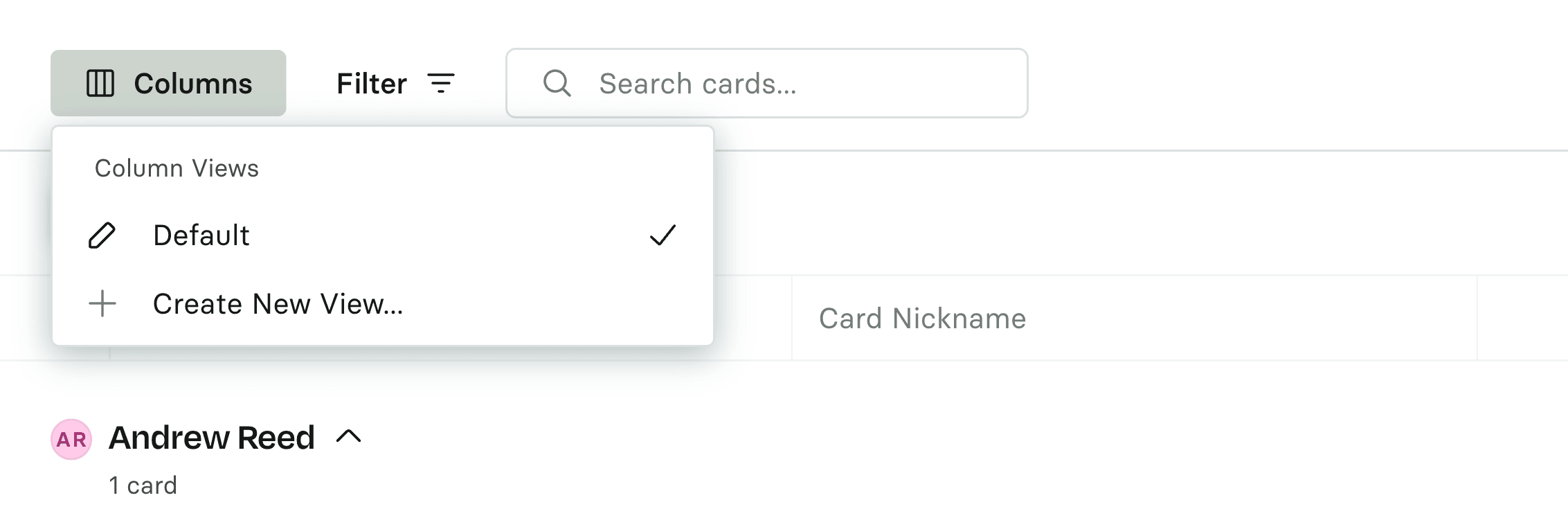 The Columns menu open, showing the default column view and a Create New View option